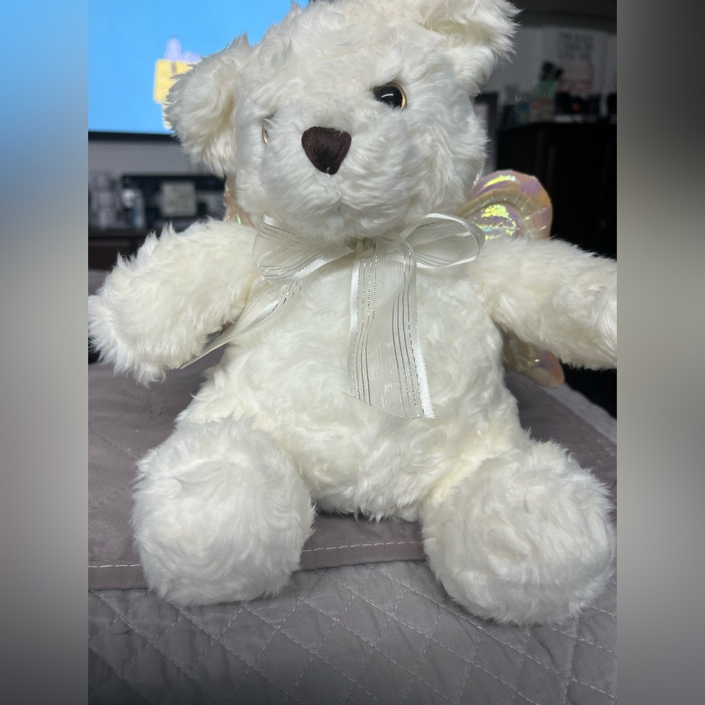 Talking White Plush Teddy Bear with Ribbon